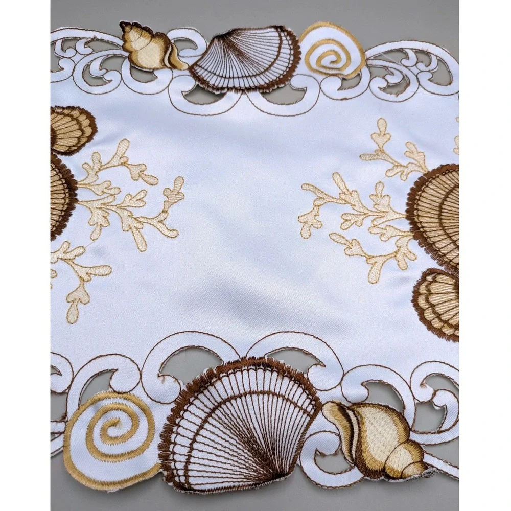 Embroidered Seashell Beach Themed White Gold Keyhole Placemats - Set of 4